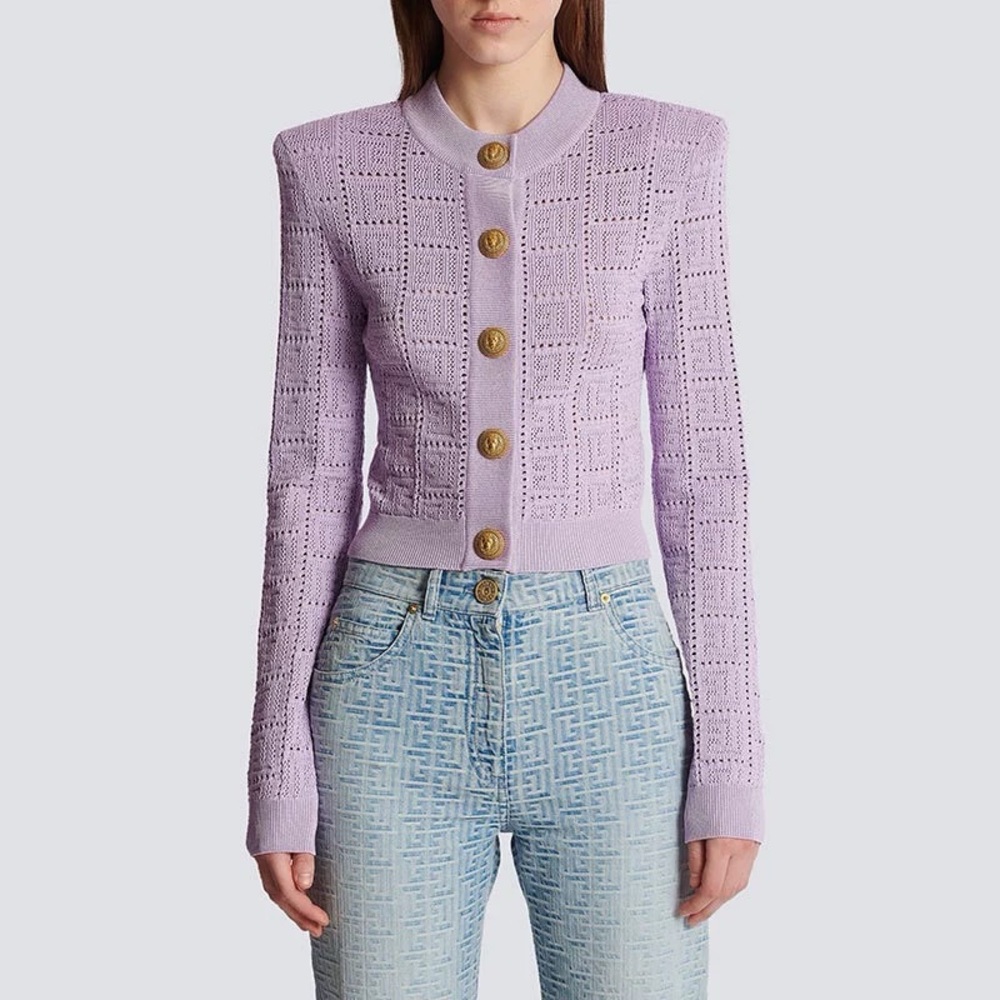 Balmain Women's Monogrammed Openwork Knit Cardigan